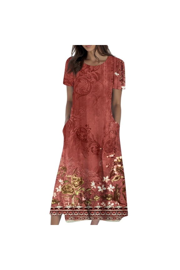 Spring Dresses for Women 2025 Short Sleeve Round Neck Church Dresses Pleated Knee Length Dress with Pockets Curvy Dress Red L