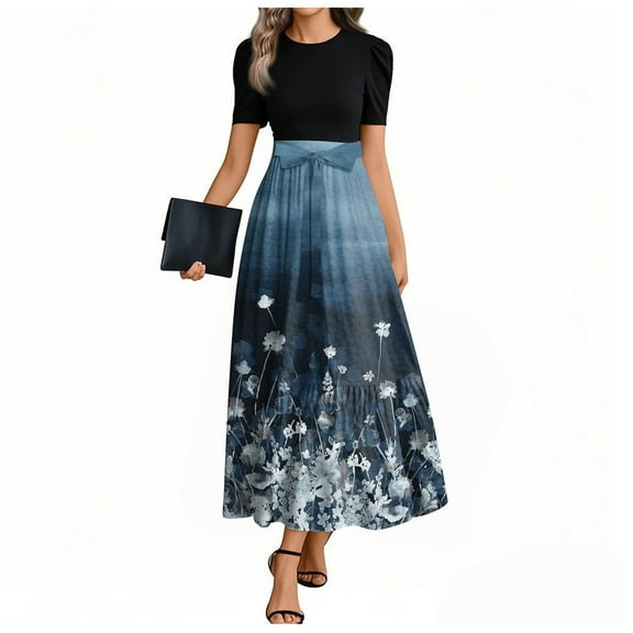 UoCefik Spring Maxi Dresses For Women 2025 Elegant Floral Summer Dress Tie Belted Short Sleeve Patchwork Party Flowy a Line Dresses Blue S