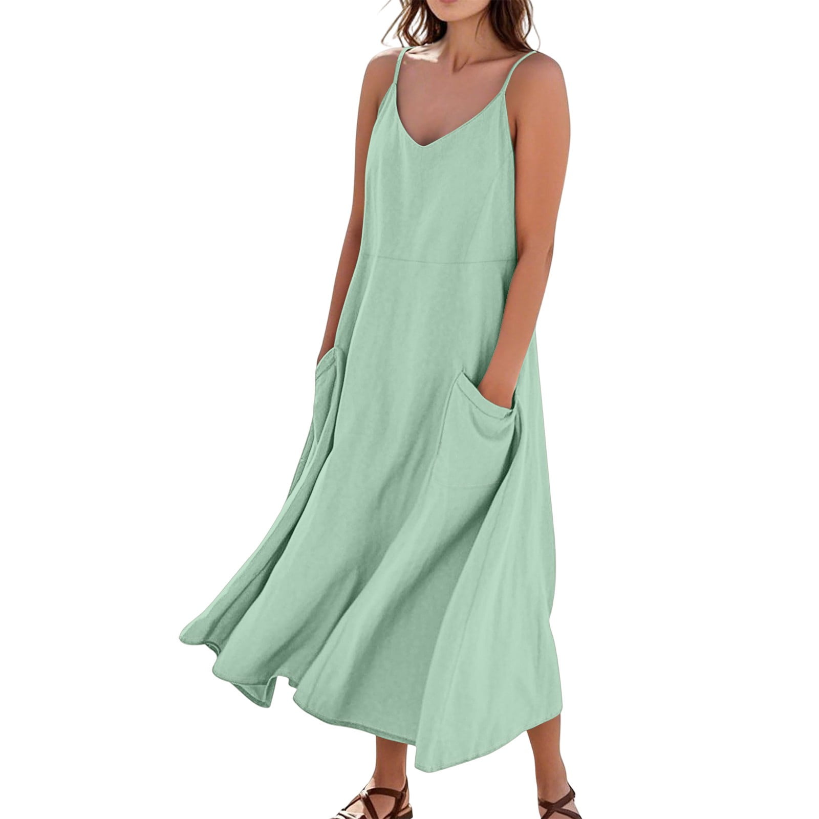 Women's Summer Sundress With Pockets - Casual Beach Cover Up, Light Green, Size M