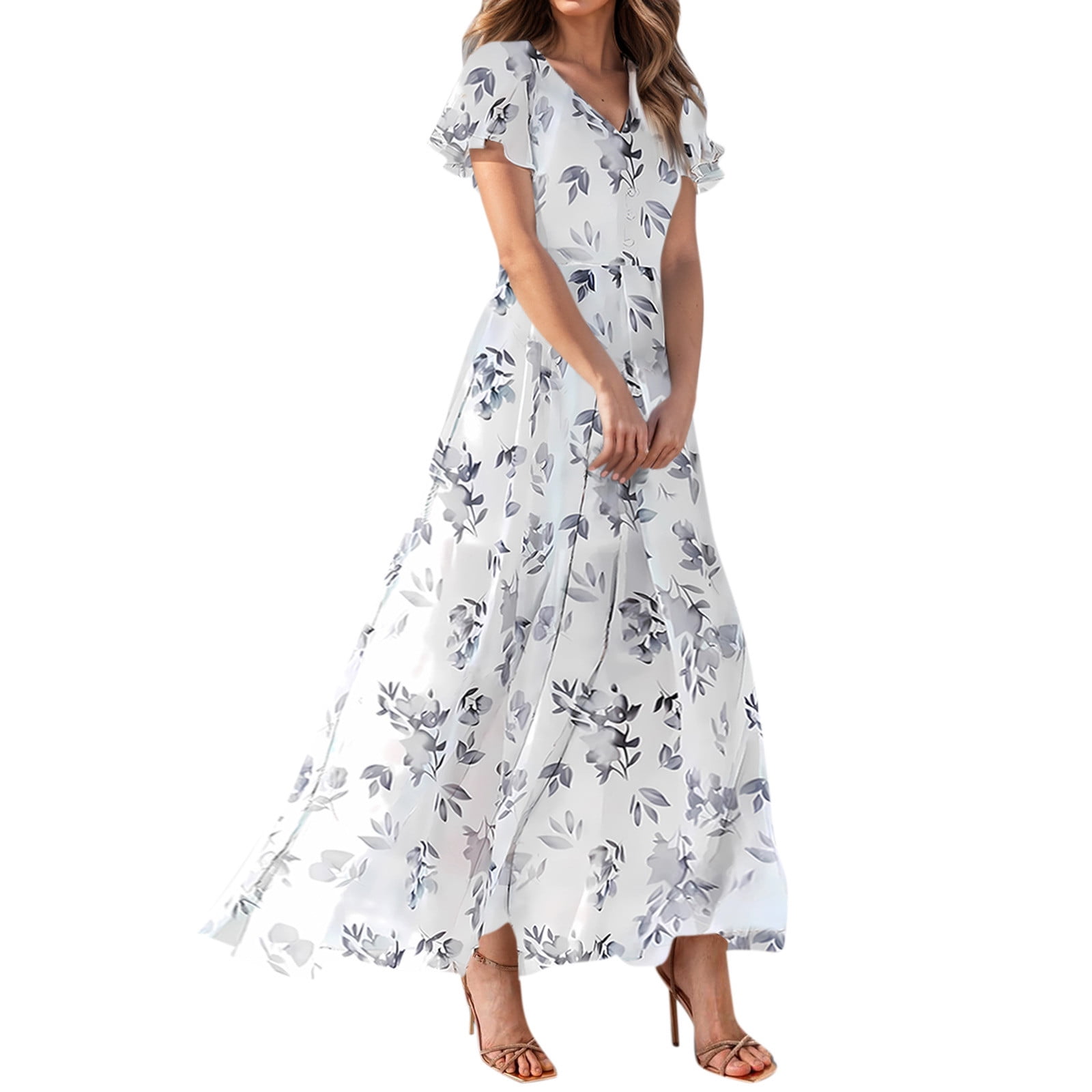 BANTRATIC Empire Waist Wedding Guest Dress – V-Neck Chiffon Gown With Ruffle Sleeves, Floor Length, Size 16, White