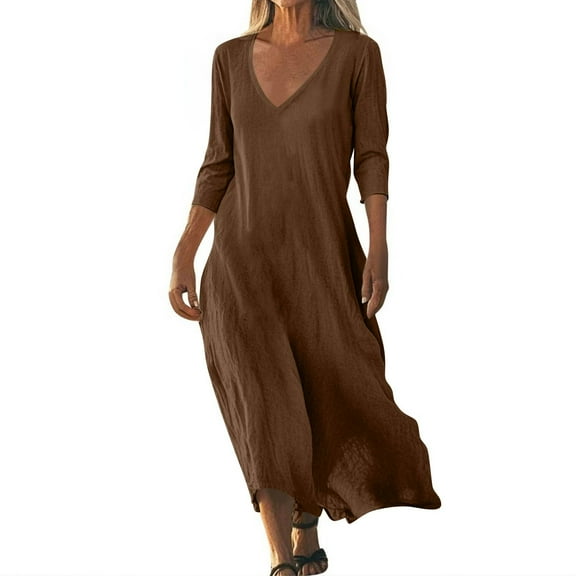 UoCefik Summer Cotton Dresses for Women Linen 3/4 Sleeve Casual Gauze Dresses Flowy Fashion Beach Vacation Maxi Tank Sundress Brown S