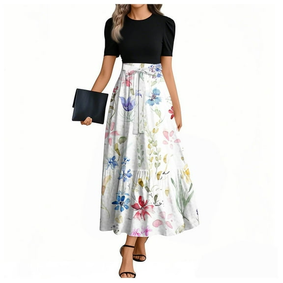 UoCefik Summer Dresses For Women 2025 Maxi Flowy Floral Long Dress Wrap Short Sleeve Empire Waist Boho Elegant a Line Dresses White S