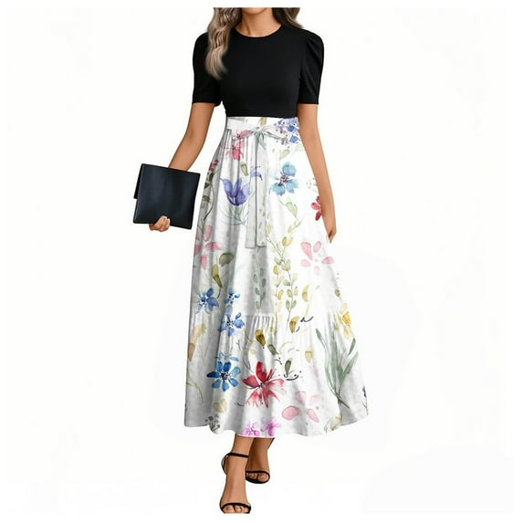 UoCefik Summer Dresses For Women 2025 Maxi Flowy Floral Long Dress Wrap Short Sleeve Empire Waist Boho Elegant a Line Dresses White S