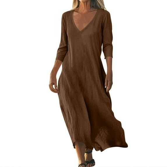 UoCefik Summer Dresses for Women 2025 Linen 3/4 Sleeve Flowy Gauze Dresses Casual V Neck Vacation Beach Maxi Sundress Brown L