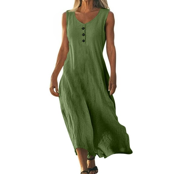 UoCefik Summer Dresses for Women Sleeveless Button Cotton Linen Dresses Casual Flowy Boho Vacation Beach Gauze Maxi Sundress Army Green S