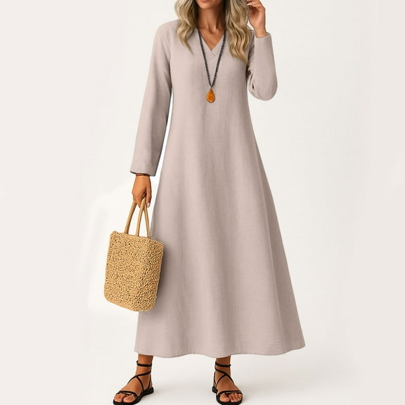 UoCefik Summer Linen Dresses for Women Plus Size V Neck Long Sleeve Maxi Long Dresses Loose Fit Fall Flowy Sundress Boho Casual Vacation Beach Dress Light pink S