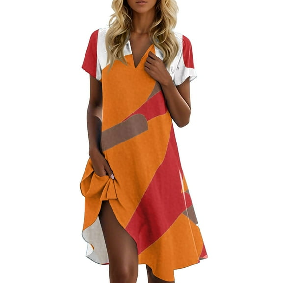 UoCefik Sundresses For Women 2025 Vacation Casual Short Sleeve V Neck Flowy Dress Business Floral Beach Sundress Loose Fit Summer a Line Dresses Orange XL