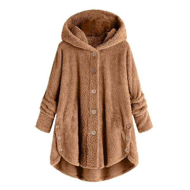 UoCefik Sweater Coats for Women Winter Oversized Fleece Jackets Fuzzy Warm Button Down Cardigan Hooded Outwear Jacket Earthy Yellow L