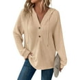 thumbnail image 1 of UoCefik Sweatshirt Women Casual Waffle Knit Long Sleeve V Neck Hoodies Trendy Fall Drawstring Button Up Pullover Lightweight Hooded Comfy Sweaters Beige L, 1 of 6