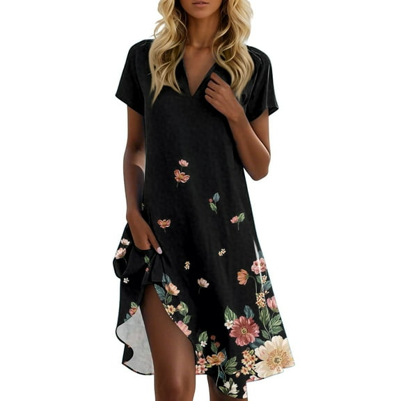 UoCefik T-Shirt Dress For Women Beach Floral Short Sleeve Mid Length Dress Party V Neck Casual Summer Sundress Cute Loose Fit Flowy Dresses Black XL