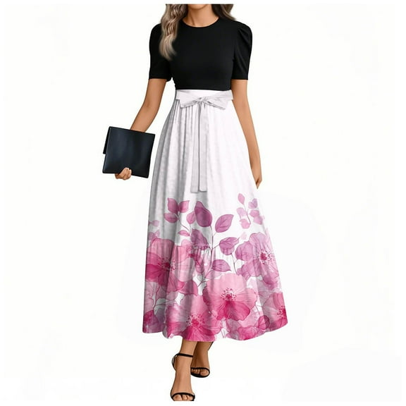UoCefik Tea Party Dresses For Woman Elegant Floral Short Sleeve a Line Dress Tie Belted Summer Ruffle Hem Cocktail Flowy Long Maxi Dresses Pink XXL