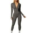 thumbnail image 1 of UoCefik Thumbhole Long Sleeve Ribbed Bodycon Sport Zip Front Cute Romper Full Bodysuit Dark Gray L, 1 of 5
