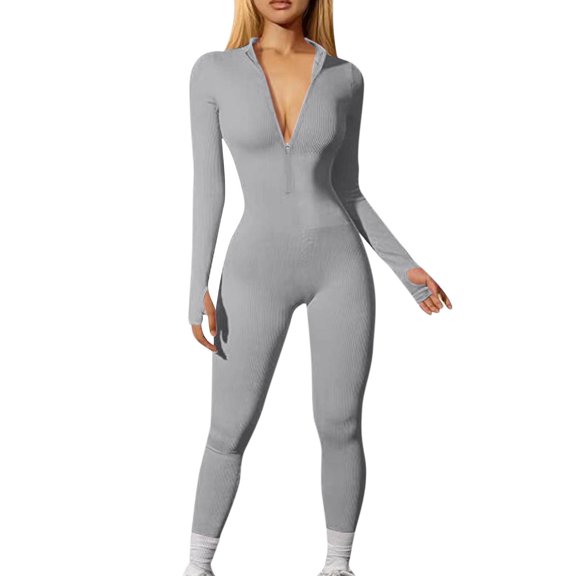UoCefik Thumbhole Ribbed Zip Front Bodycon Long Sleeve Workout Romper Full Bodysuit Light Gray M