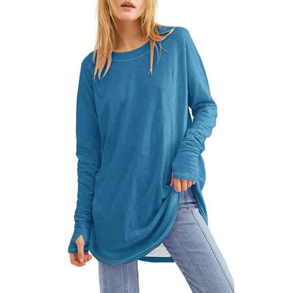 UoCefik Tops for Women 2024 Tunic Shirts Long Sleeve to Wear with Leggings Crew Neck Blouses Solid Color Tees Tops, Blue XL
