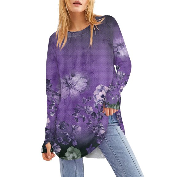 UoCefik Tops for Women 2024 Tunic Shirts Long Sleeve to Wear with Leggings Crew Neck Blouses Solid Color Tees Tops Purple L