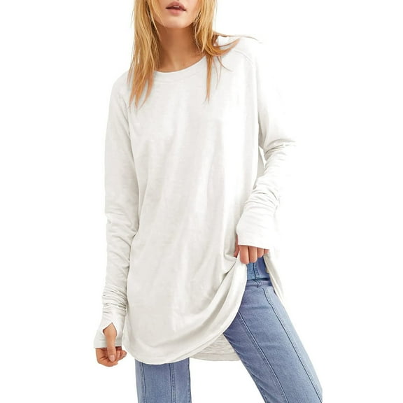 UoCefik Tops for Women 2024 Tunic Shirts Long Sleeve to Wear with Leggings Crew Neck Blouses Solid Color Tees Tops, White S