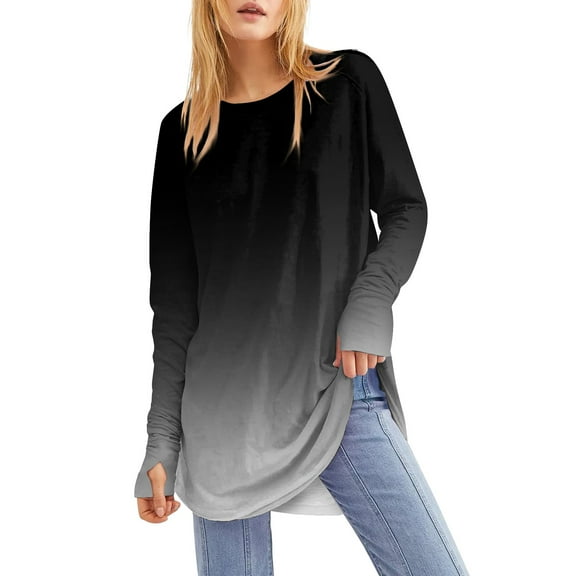 UoCefik Tops for Women 2024 Tunic Shirts Long Sleeve to Wear with Leggings Crew Neck Blouses Tie Dye Gradient Tees Tops Black XXL