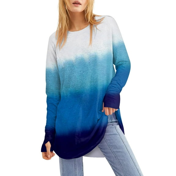 UoCefik Tops for Women 2024 Tunic Shirts Long Sleeve to Wear with Leggings Crew Neck Blouses Tie Dye Gradient Tees Tops Royal Blue XXL