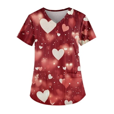 UoCefik Valentines Day Women's Scrubs 2025 Trendy Heart Print Nurse Uniforms Plus Size V Neck Short Sleeve Funny Scrubs Top with Pockets Vermilion L