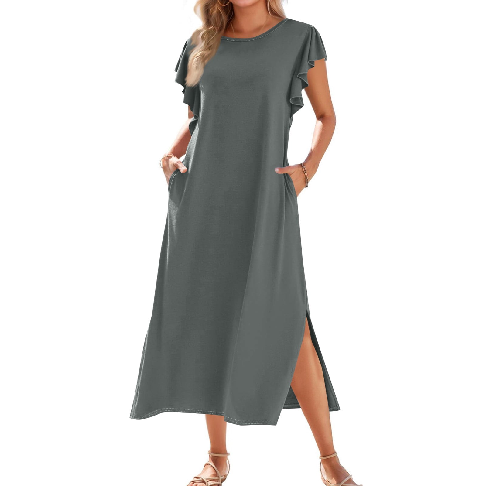 Bohemian Cotton Linen Shirt Dress For Women - Summer Short Sleeve Sundress,  Beach Vacation Flowy Maxi Dress With Pockets Vacation Outfits Women
