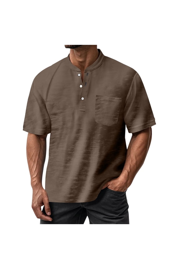 Tshirts Shirts for Men Muscle Fit Casual Henley Button Shirts Distressed Washed Short Sleeve V Neck Tops Vintage Retro Running Tee with Pocket CoffeeM