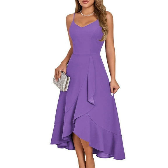 UoCefik V Neck Formal Wedding Guest Bridesmaid Dresses for Women 2025 Ruffle Sleeves for Cocktail Graduation Modest Dress Purple L