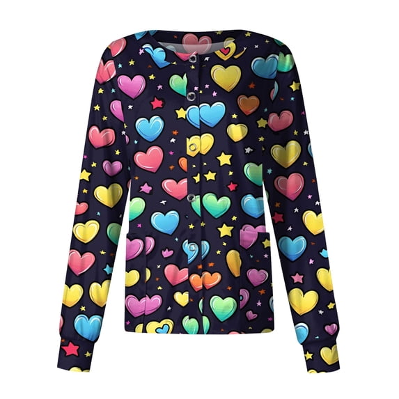 UoCefik Valentine's Day Scrub Jackets for Women On Clearance Long Sleeve Cute Heart Print Fashion Nurse Working Uniform Stretch Button Down Snap Front Scrub Tops with Pockets Sky Blue XXL
