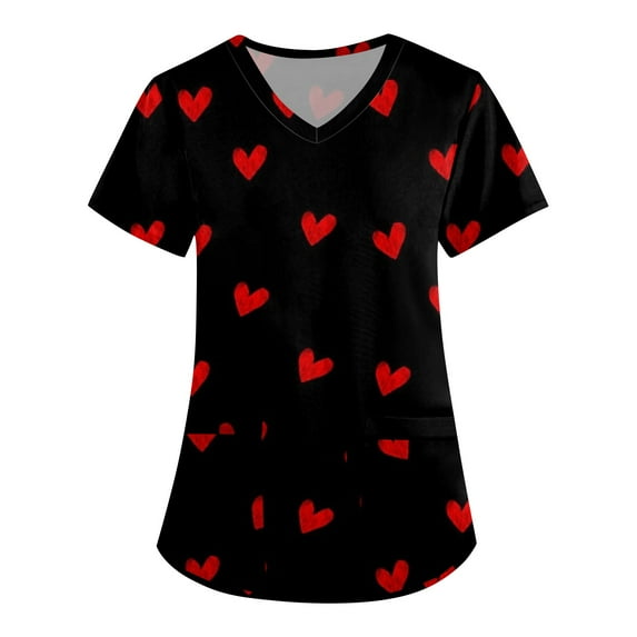 UoCefik Valentine's Day Scrub Tops Women Stretchy Loose V Neck Nursing Short Sleeve Working Uniform Fashion Love Heart Print Holiday Scrubs with Pockets Stretch Blouses 无 Vermilion M