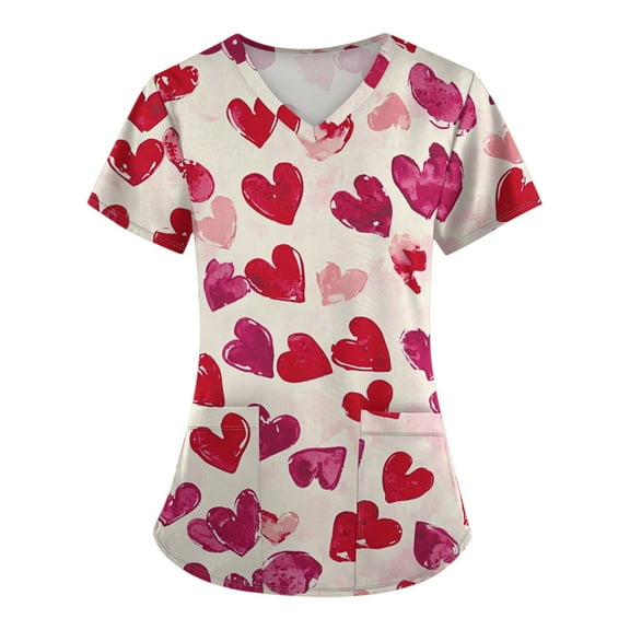UoCefik Valentine's Day Scrubs Women Heart Printed Funny Nursing Uniforms Working Nurse Short Sleeve V Neck T-Shirts Medical Scrub Shirt Tops with Pockets Wine 4XL