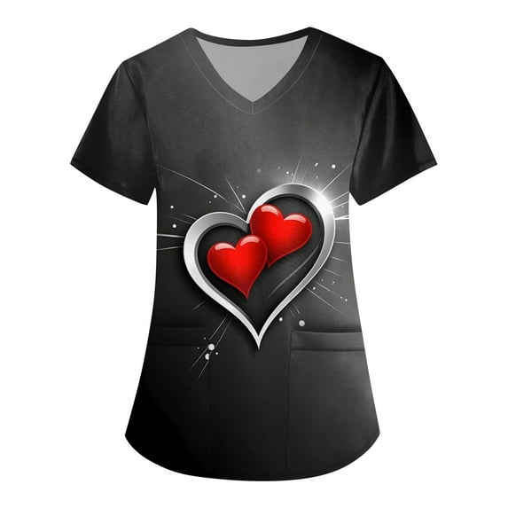 UoCefik Valentine's Day Scrubs Women Stretch V Neck Short Sleeve Nurse Working Uniform Graphic Love Heart Print Holiday Scrub Tops 无 Loose Tshirts with Pockets Red XL