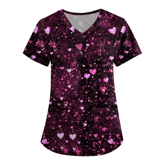 UoCefik Valentine's Day Women Tunic Scrub Tops Clearance Nurse Short Sleeve V Neck Scrubs Loose Cute Heart Print Stretch Working Uniform with Pockets Casual Shirts 无 Dark Purple 4XL