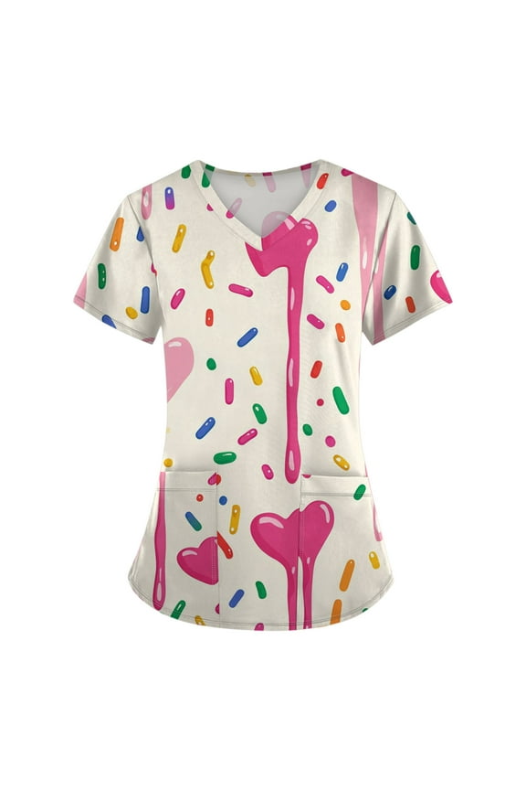 Valentines Women's Scrubs Tops Love Heart Print Plus Size Nursing Uniforms Funny Medical Short Sleeve V Neck T-Shirts Cute Scrub Shirts with Pockets Beige L