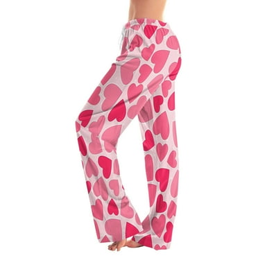 UoCefik Valentines Cotton Pajama Pants Women Cute Heart Printed Wide Leg Pajamas Comfy Drawstring Lounge Pants Plus Size Sleep Pj Bottoms Winter Baggy Sweatpants Gym Hot Pink 3XL