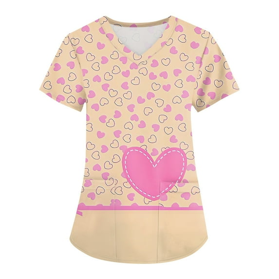 UoCefik Valentines Day Holiday Scrubs Tops for Women Love Heart Print Medical Nursing Uniforms Nurse Plus Size Short Sleeve V-Neck Tee Shirts Funny Scrub Cute Tops with Pockets Beige 5XL