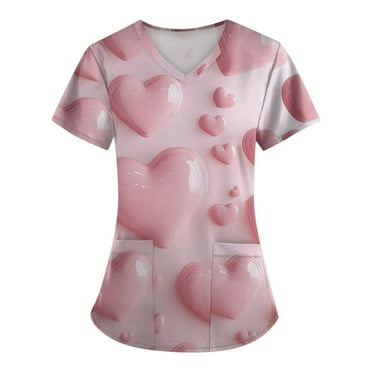 UoCefik Valentines Day Jogger Scrubs for Women Love Heart Print Cute Nursing Uniforms Medical Funny V Neck Short Sleeve T-Shirts Plus Size Scrubs Top with Pockets Purple Pink L