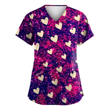 UoCefik Valentines Day Jogger Scrubs for Women Plus Size Heart Print Nurse Uniforms Trendy V-Neck Short Sleeve Funny Scrub Shirt with Pockets Dark Purple XL