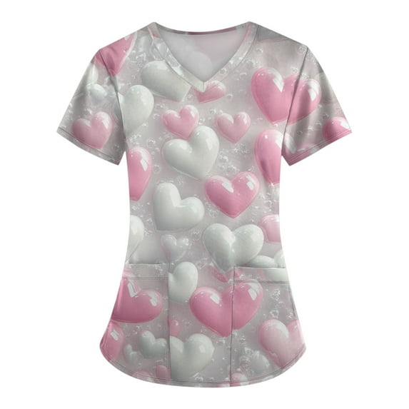 UoCefik Valentines Day Jogger Scrubs for Women Plus Size Love Heart Pattern Nurse Nursing Uniforms Funny Plus Size Short Sleeve V-Neck Tshirts Medical Scrub Shirt Tops with Pockets White 3XL