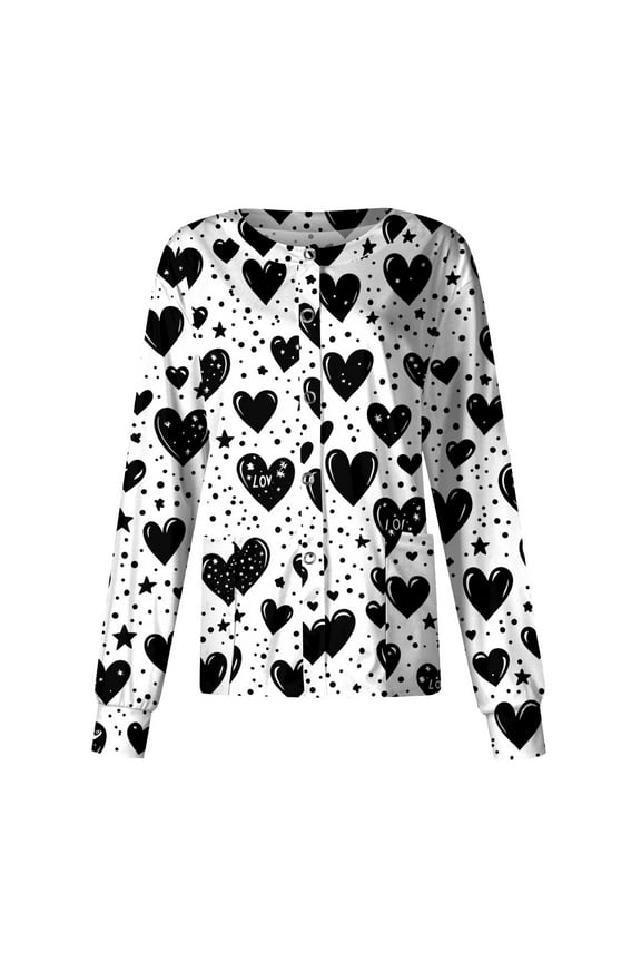 Valentines Day Nurse Jackets for Women Scrub Love Heart Print Nursing Loose Snap Front Working Uniform Fashion Crewneck Long Sleeve Scrub Tops with Pockets Black XL
