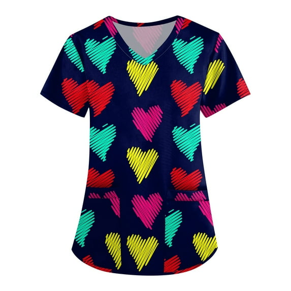 UoCefik Valentines Day Plus Women Scrub Tops Clearance Funny Heart Print Short Sleeve Nurse Scrubs Stretch V Neck Casual Working Uniform 无 Holiday T-Shirts with Pockets Purple XL