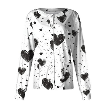 UoCefik Valentines Day Scrub Jackets for Women Long Sleeve Funny Heart Print Stretch Snap Front Scrub Tops Fall Crewneck Nurse Working Uniform Clearance Jackets with Pockets Light Gray 4XL