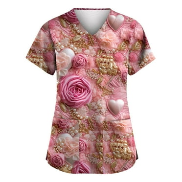 UoCefik Valentines Day Scrub Tops Women 2025 Love Heart Print Nurse Nursing Uniforms Cute Working V Neck Short Sleeve T-Shirts Plus Size Scrub Shirts with Pockets Khaki XXL