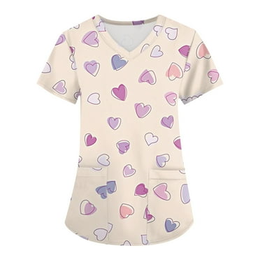 UoCefik Valentines Day Scrub Tops Women Graphic Short Sleeve V Neck Nursing Working Uniform Clearance Funny Heart Print Casual Scrubs 无 Plus Size Tshirts with Pockets Beige 3XL