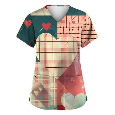 UoCefik Valentines Day Scrubs for Women Hot Pink Loose Short Sleeve V Neck Love Heart Print Scrub Tops Clearance Nursing Plus Size Working Uniform with Pockets Stretch Blouses Watermelon Red 3XL