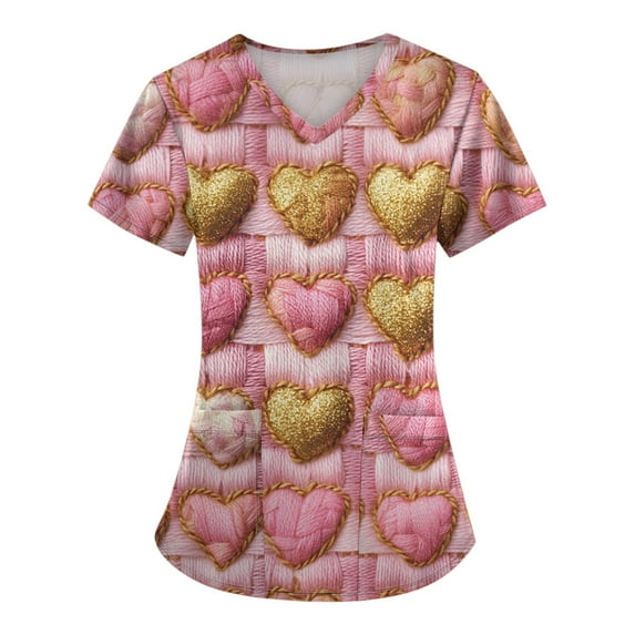 UoCefik Valentines Day Womens Scrub Tops Prints Thanksgiving Love Heart Print Plus Size Nursing Uniforms Cute Medical V-Neck Short Sleeve Tees Funny Scrub Shirts with Pockets Gold 5XL