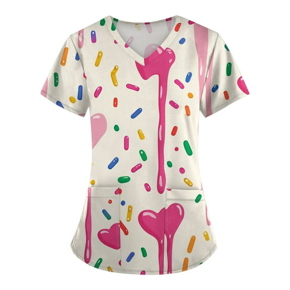 UoCefik Valentines Day Womens Scrub Tops Stretch Love Heart Pattern Working Nursing Uniforms Nurse Funny V-Neck Short Sleeve T Shirt Cute Scrubs Top with Pockets Beige 3XL
