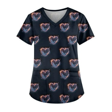 UoCefik Valentines Day Womens Scrubs Holiday Funny Heart Print Short Sleeve V Neck Scrub Tops Stretch Nurse Casual Working Uniform with Pockets Clearance Tee Shirts 无 Black XXL