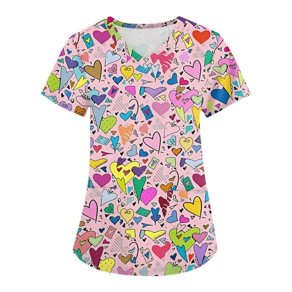 UoCefik Valentines Scrub Tops Women Plus Size Scrub Shirts Love Heart Printed Medical Nursing Uniforms Working Holiday Short Sleeve V-Neck T-Shirts Plus Size Scrubs Top with Pockets Purple M