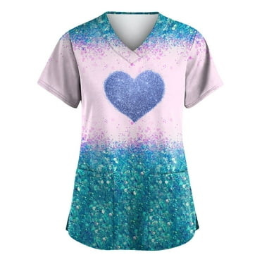 UoCefik Valentines Scrubs for Women Large Petite Fashion Funny Heart Print V Neck Short Sleeve Working Uniform Stretch Nurse Casual Scrub Tops 无 Graphic T-Shirts with Pockets Blue 5XL