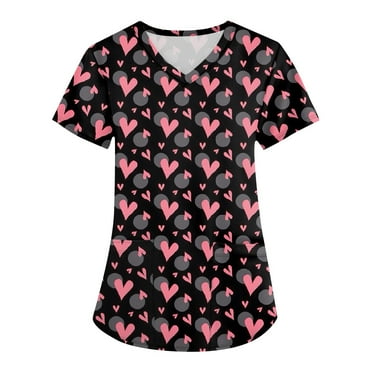 UoCefik Valentines Scrubs for Women Love Heart Pattern Funny Nursing Uniforms Working Holiday Short Sleeve V Neck Tshirts Nurse Scrubs Top with Pockets Pink XXL