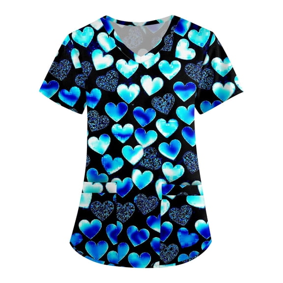 UoCefik Valentines Scrubs for Women Thanksgiving Loose V Neck Short Sleeve Nursing Scrub Tops Graphic Cute Heart Print Casual Working Uniform æ— Stretch Blouses with Pockets Blue 3XL